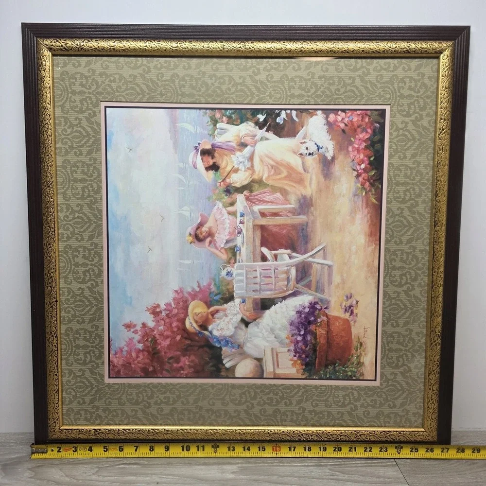 Vintage VICTORIAN LADIES TEA BY SEASHORE PICTURE - Framed And Matted - 27